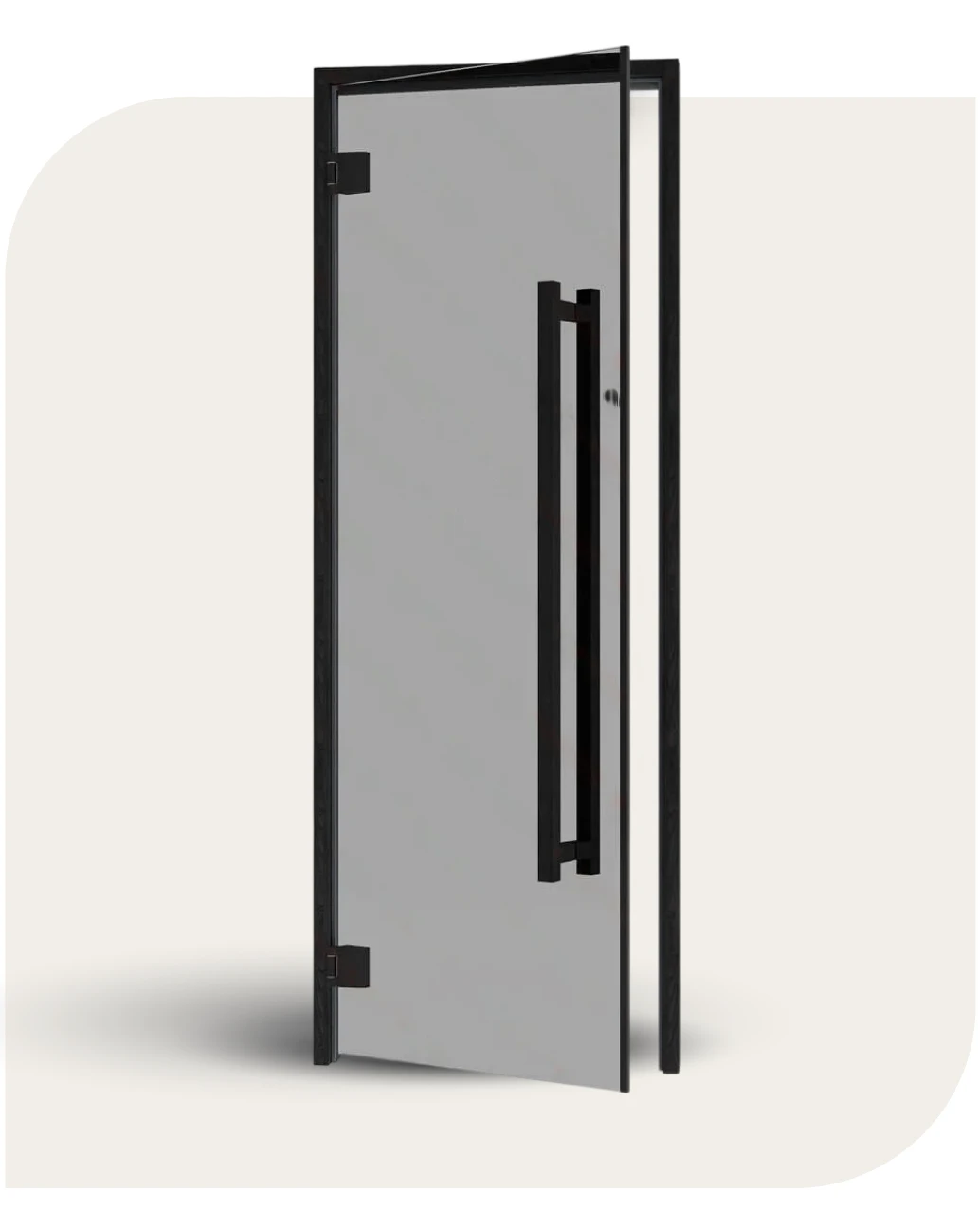 Grey glass sauna door partly open in a black frame on a cream background