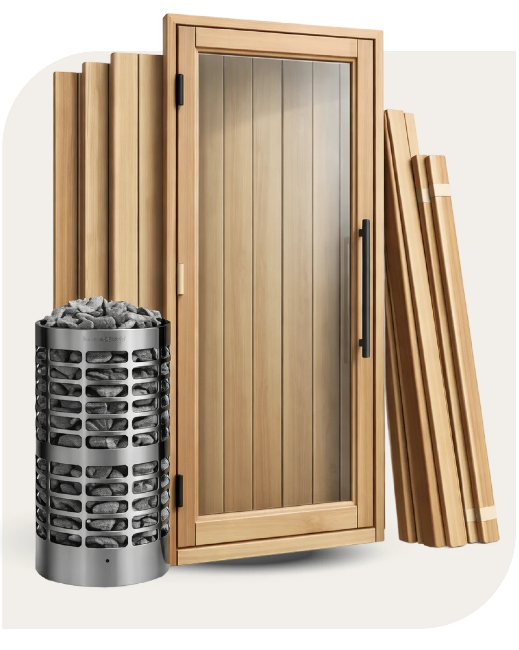 Canadian sauna kit with a cedar door, stacked cedar boards and Homecraft heater on a cream background
