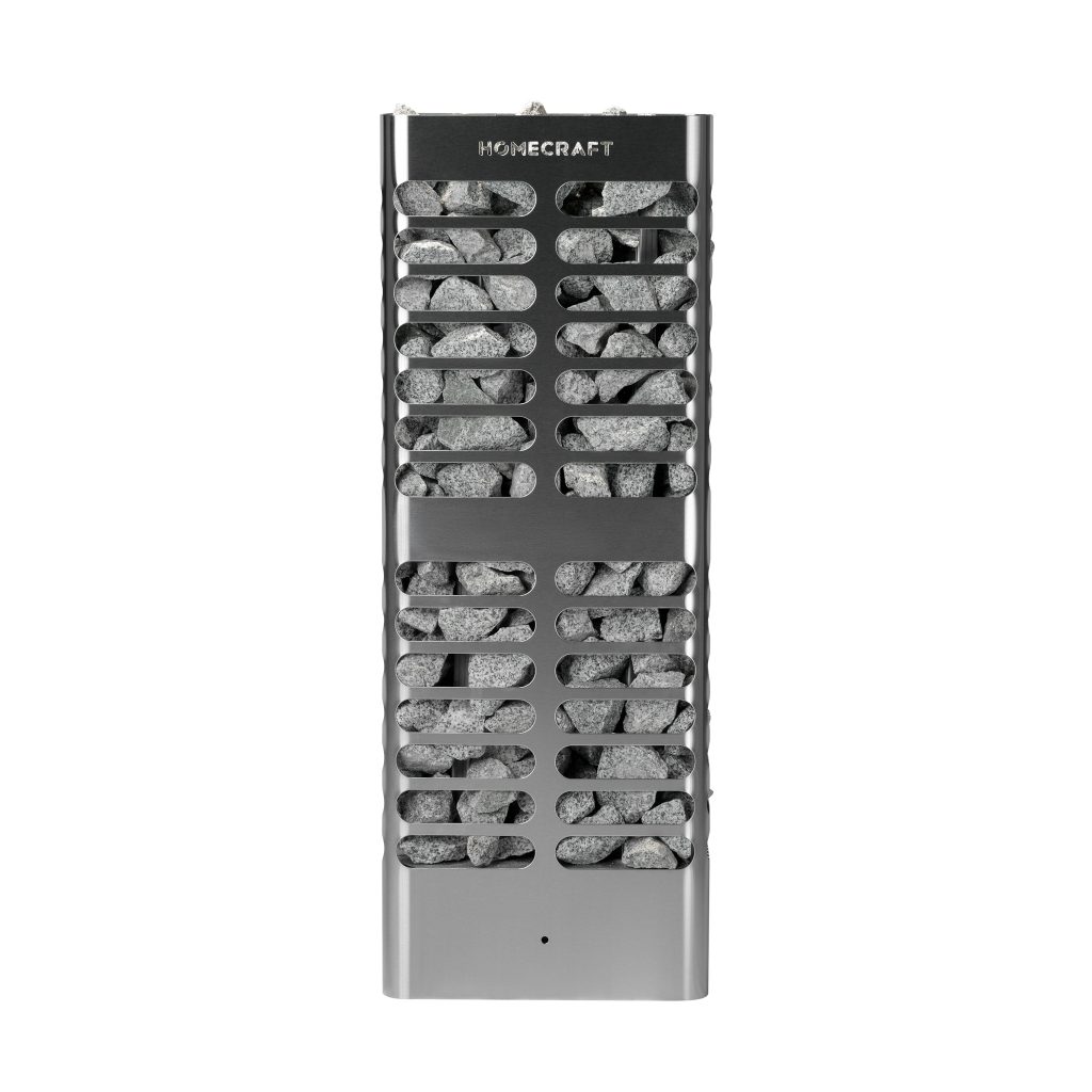 Homecraft Revive Slim sauna heater with a tall louvred steel body packed with stones