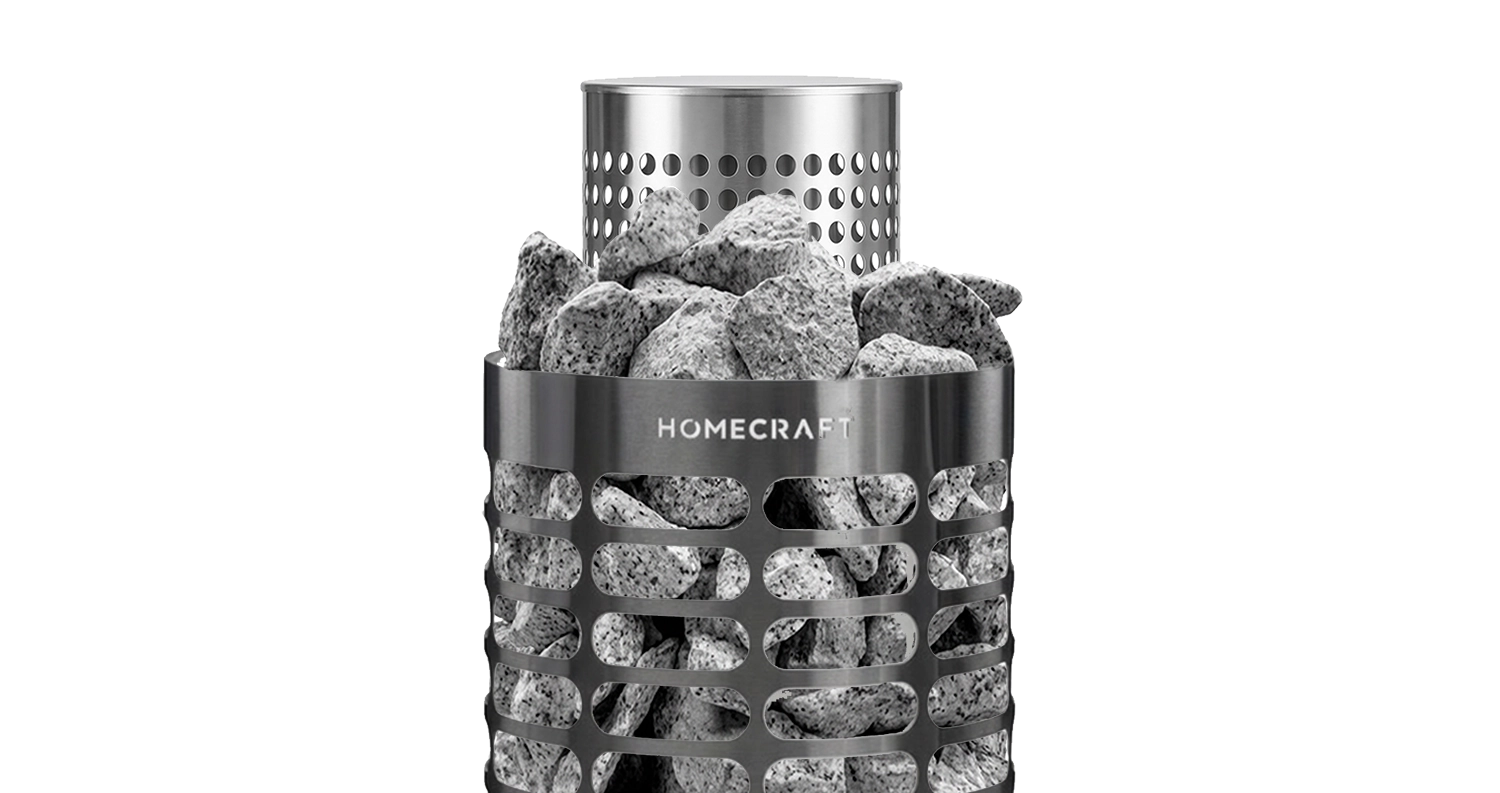 Homecraft cylindrical sauna heater filled with grey stones in a clean product overlay graphic