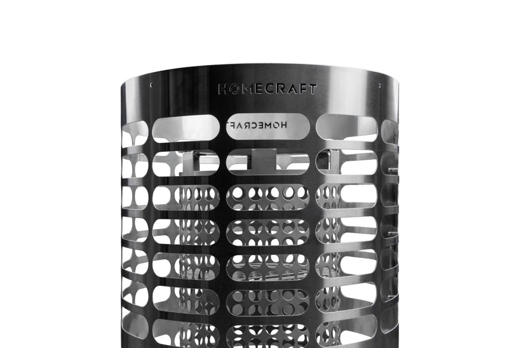 Homecraft Apex Mini sauna heater with a perforated cylindrical steel body against black