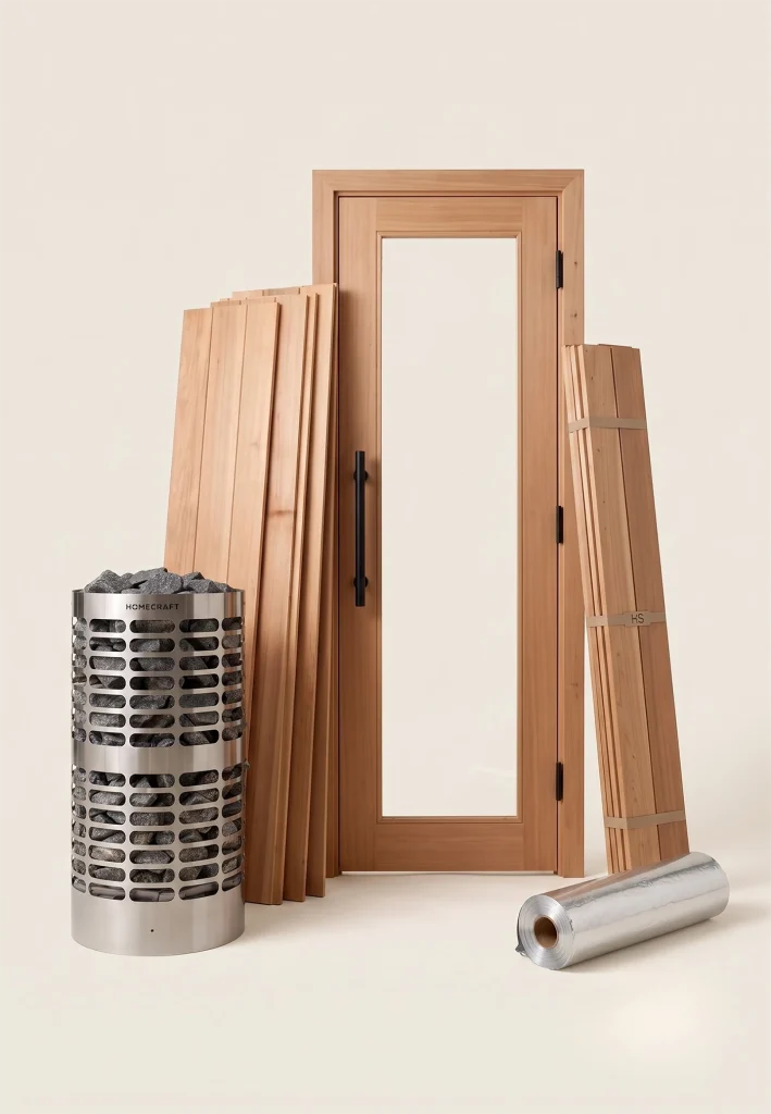 Canadian sauna kit with a glass door, cedar boards, foil vapour barrier and cylindrical Homecraft heater