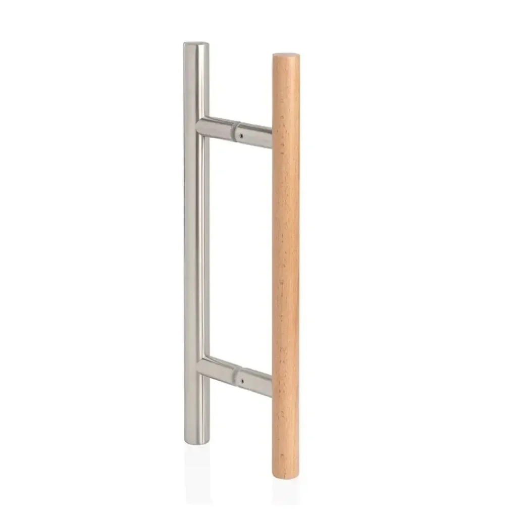 Two long glass sauna door handles, one brushed steel and one with a light wooden grip