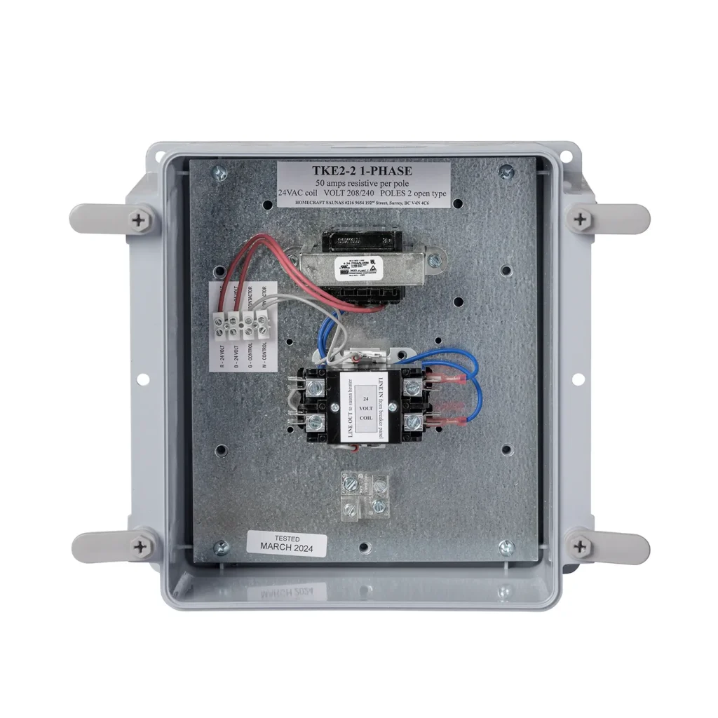 Closed grey TKE2-2 outdoor contactor box with a 1-Phase label, viewed from the front and side