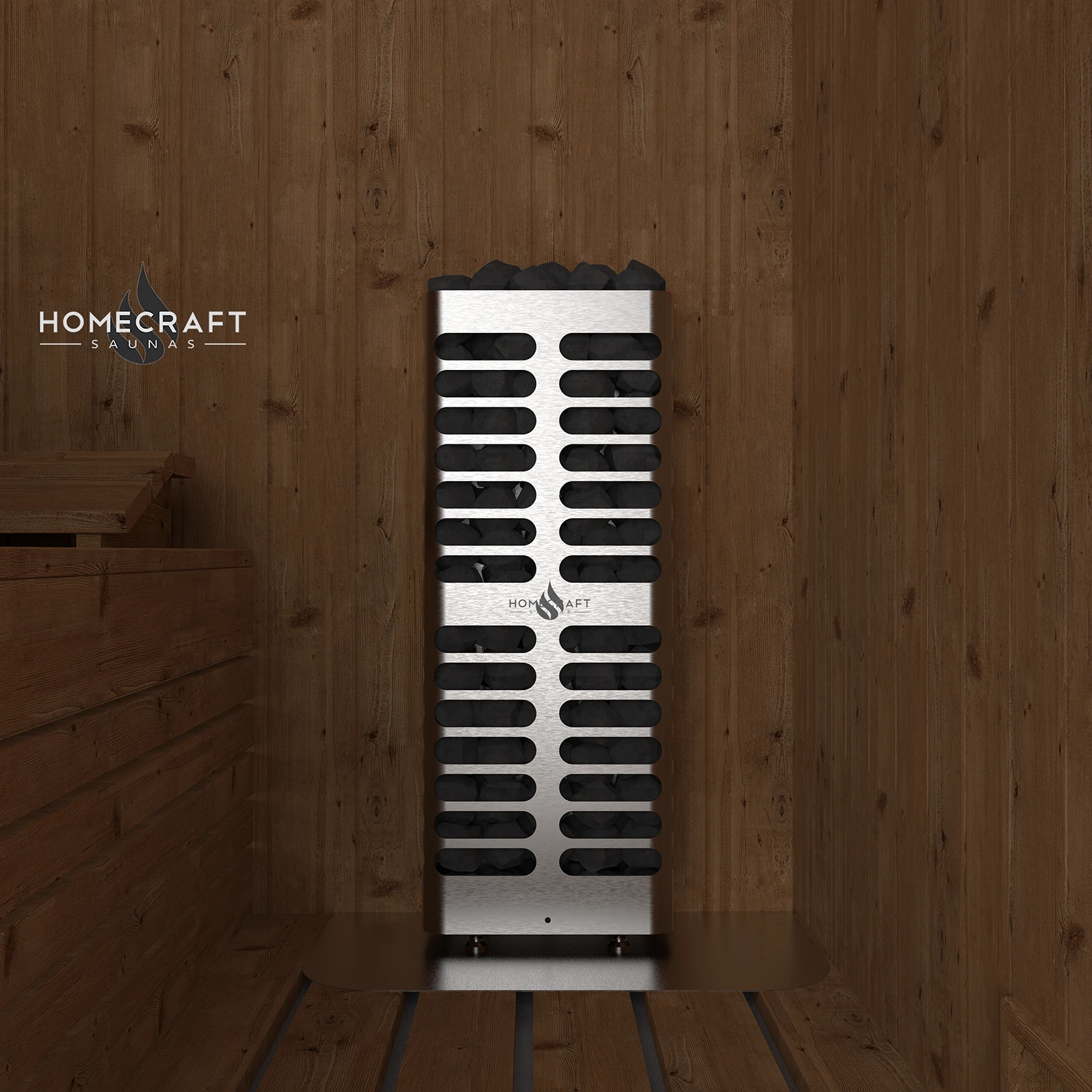 Homecraft Revive Mini heater mounted on a cedar wall above a slatted sauna floor