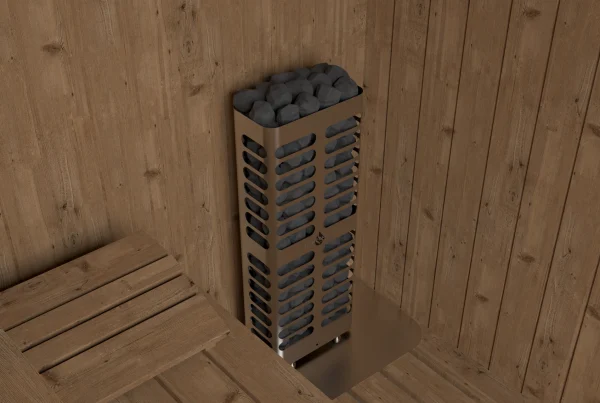 Homecraft Revive Slim sauna heater in a cedar corner with stones filling its tall louvred body