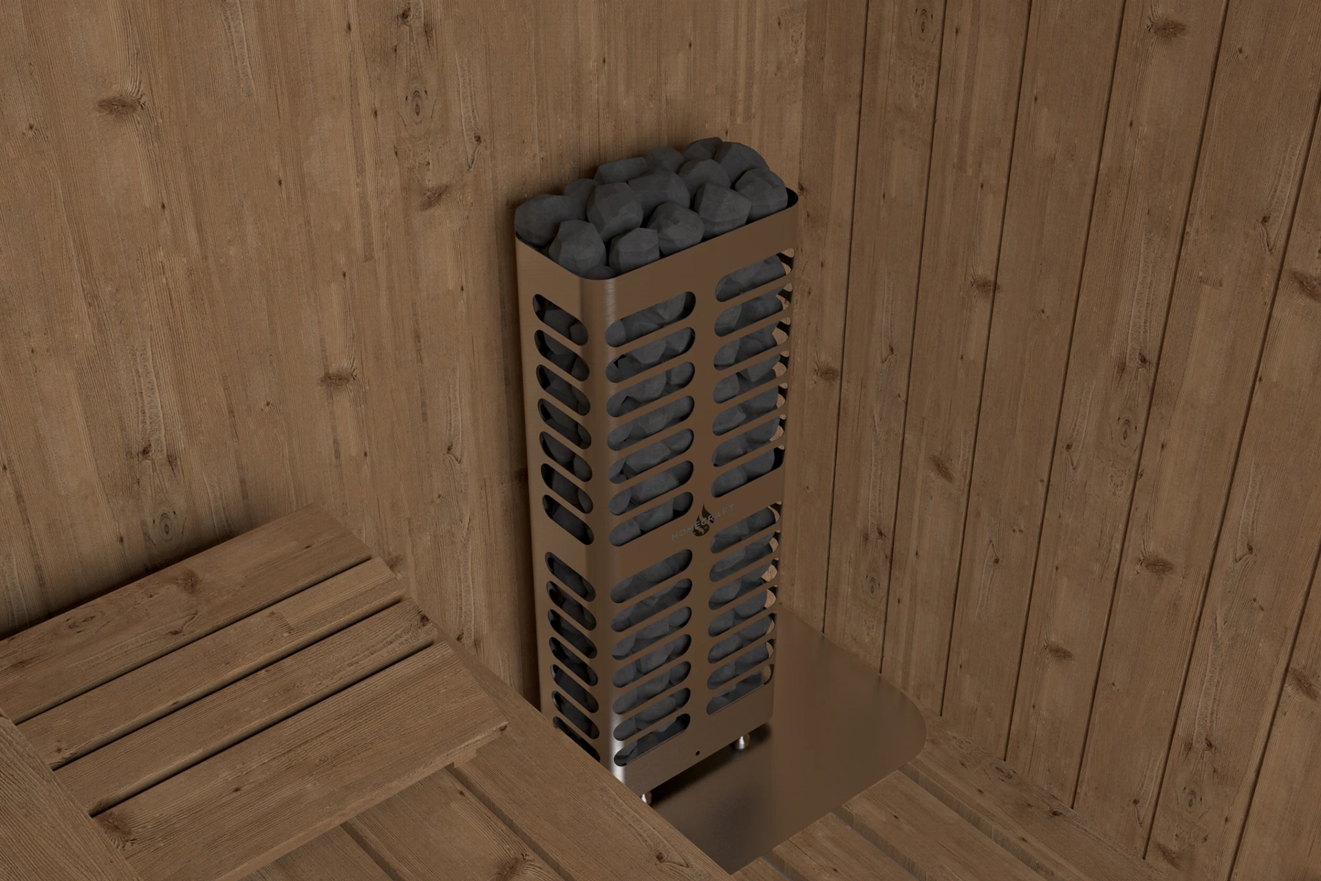 Homecraft Revive Slim sauna heater in a cedar corner with stones filling its tall louvred body